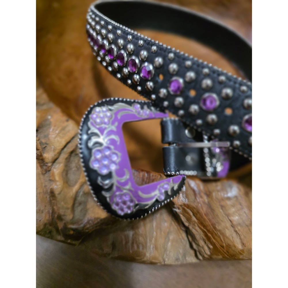 Western Black Leather Purple Rhinestone Studded Belt Silver Enamel Buckle S